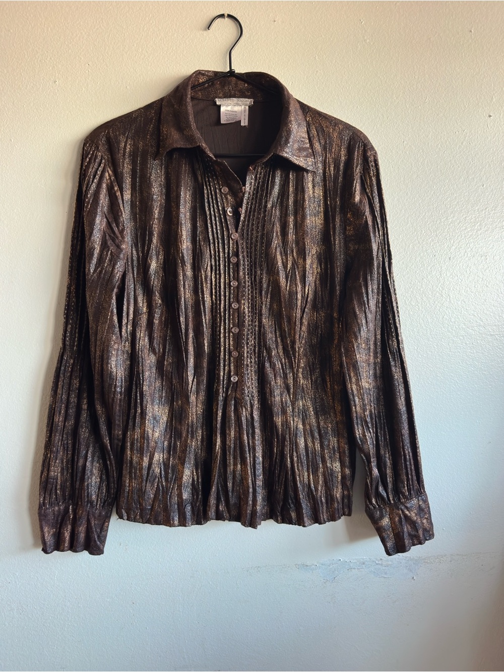 Alberto Makali Metallic Brown plisse Button-Up Blouse Size L